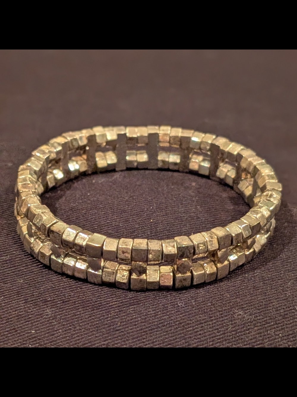Vintage Silver Tone Double Row Geometric Cube Block Elastic Stretch Bracelet